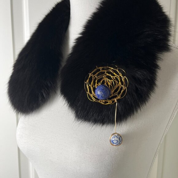 Vintage Wool Blazer w/ Detachable Mobwife Collar & Handmade Brooch, Oversized/XL - Picture 5 of 7